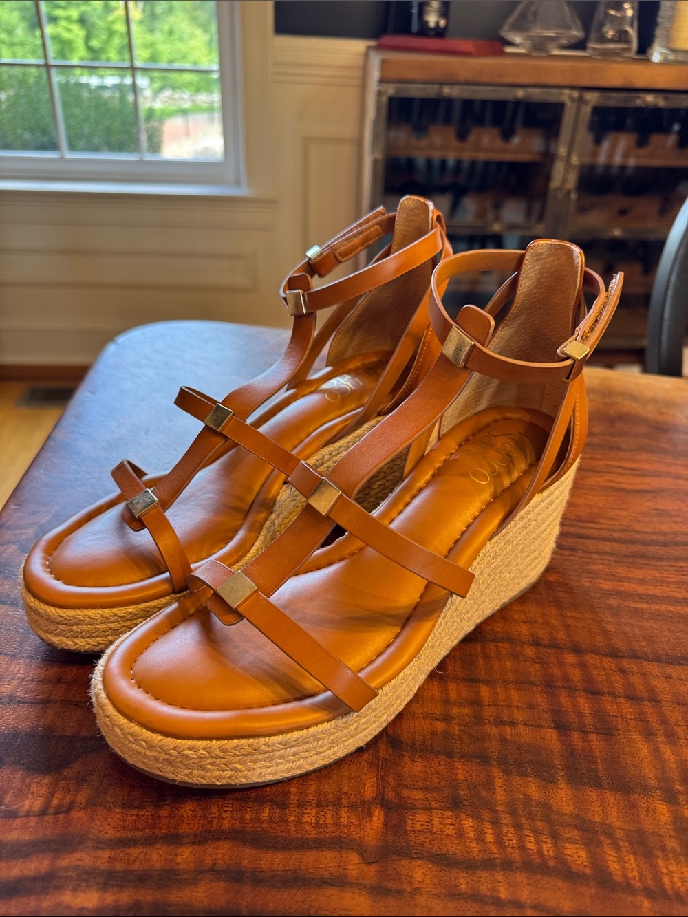 Franco Sarto Tan Strappy Espadrille Wedge Sandals Size 7